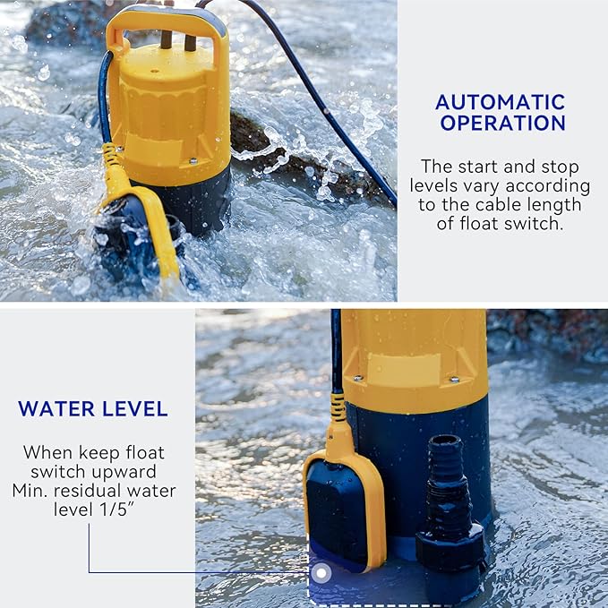 Acquaer 1HP Sump Pump Submersible 4345GPH Water Pump with Automatic Float Switch for Water Removal in Hot Tubs, Pools, Basements, and Garden Ponds