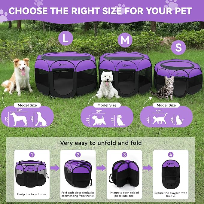 Siedihit Dog Cat Playpen, Puppy Pet Playpen, Small Dogs Tent Crates Cage Indoor/Outdoor, Portable Pop Up Dog Kennel Playpen with Carrying Case for Dogs/Cats/Rabbits,Purple