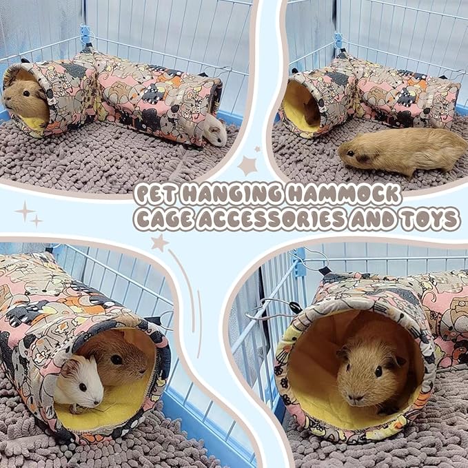 Guinea Pig Rat Tunnel Ferret Hammock, Small Animal Corner Tunnel & Tubes & Bed for Hedgehog Piggy Chinchilla Hideout Toys and Cage Accessories (Pink Cat)