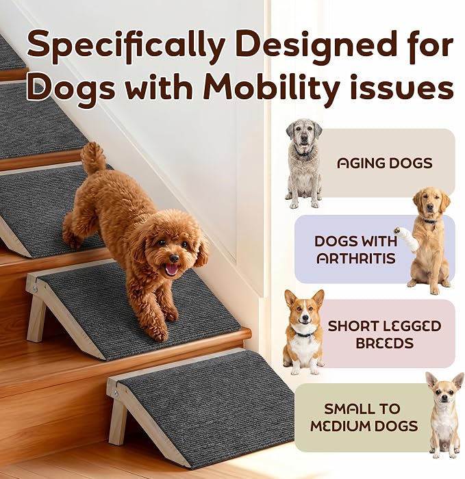 Dog Ramp for Stairs 4 Pack - Adjustable Wooden Stair Wedges for Small Dogs, Foldable Indoor Dog Stair Ramp and Non-Slip Pads for Senior and Short-Legged Pets
