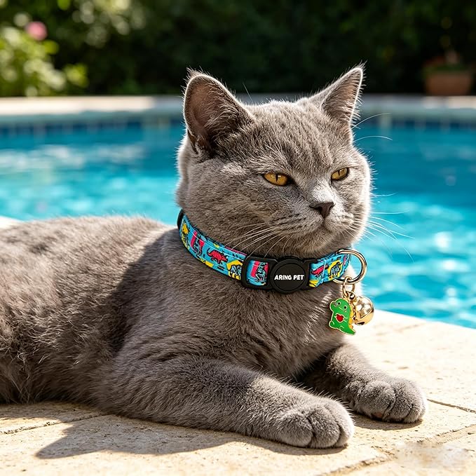 ARING PET 2 Pack Cat Collars with Bell, Cute Summer Soft Cotton Kitten Kitty Breakaway Cat Collars for Boy Girl Cats-Dinosaur & Flamingo