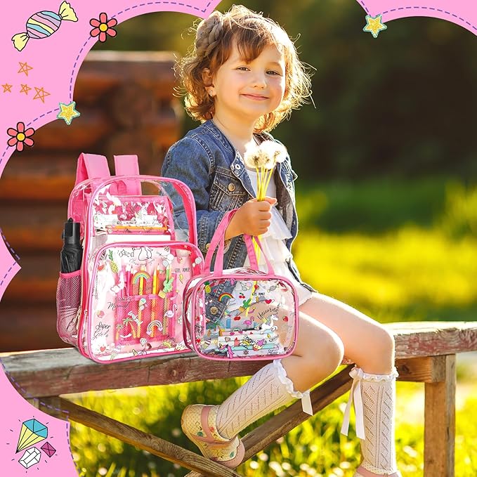 Kacctyen 3 Pcs Clear Backpack Heavy Duty Clear Stadium Bag Transparent Backpack with Lunch Bag(Hot Pink,Luau)