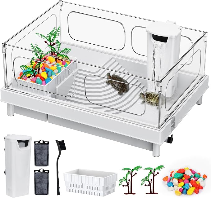 Small Turtle Tank with Filter for Baby Turtles | White Clear-Panel Habitat, with Basking Platform and Bottom Drain, Low-Water Starter Aquarium, for Crabs and Small Reptiles