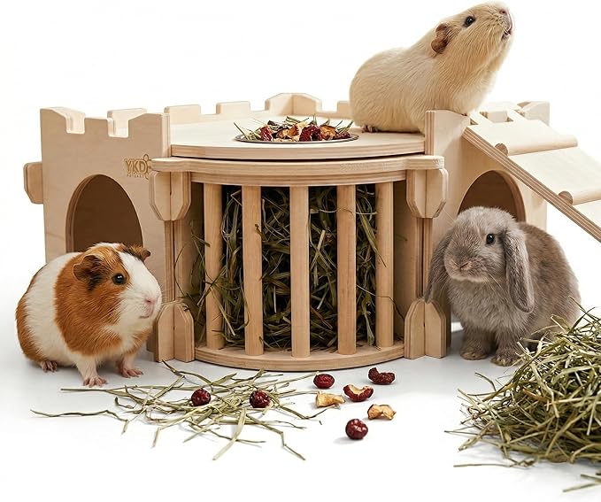 Large Guinea Pig Castle, Natural Wood Rabbit House with Ladder and Hay Feeder, Small Animal Hideout for Rabbit, Guinea Pig, Chinchilla, Hedgehog