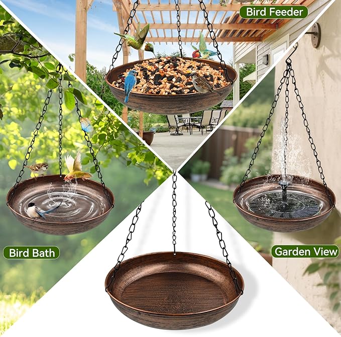 Hanging Bird Bath for Outside, 10" Metal Bird Bath Bowl with Chains & Hook Outdoor Hanging Birdbath for Tree, Gazebo, Patio, Balcony, Gift for Bird Lovers