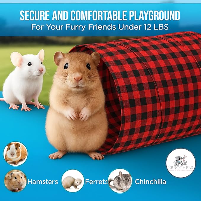 Tunnels with 3-Way Entrance - Cozy, Washable Guinea Pig Hideout - Interactive Cage Toys (Red Plaid)