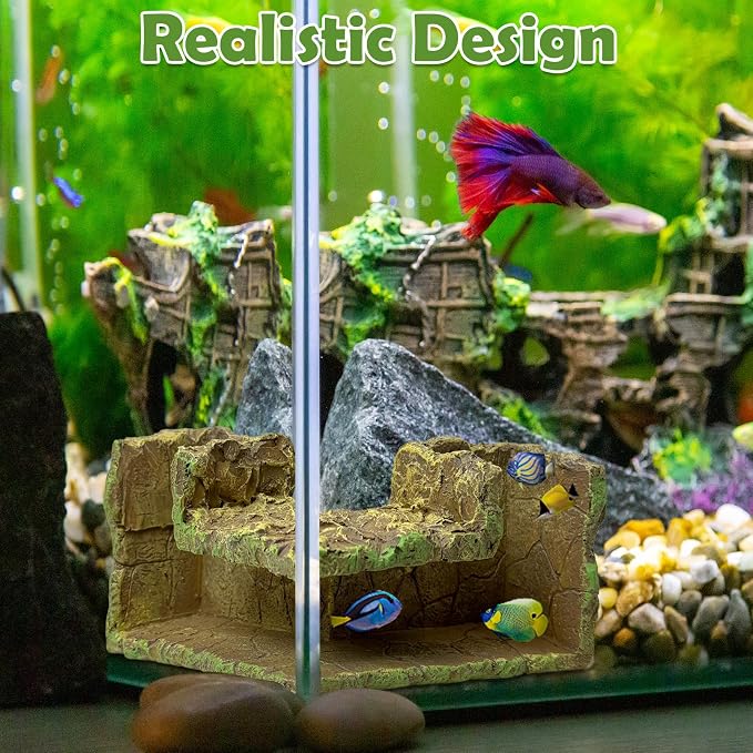 kathson Aquarium Hideaway Cave Underground Tunnel Hideout Wood-Like Fish Tank Cave for Corners View Fish in Aquarium Decoration with 2PCS Plastic Aquatic Plants for Betta Shrimp Guppy Hide