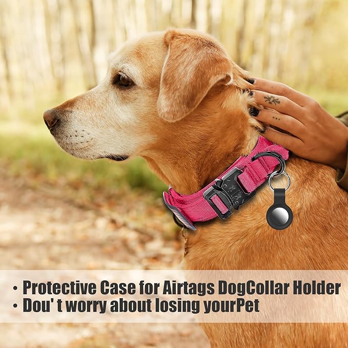 Tactical Bungee Leash & Military Dog Collar Set, USA Flag Adjustable K9 Collar with Heavy Duty Metal Buckle & Handle, Patches & Airtags Case (Pink, XL)