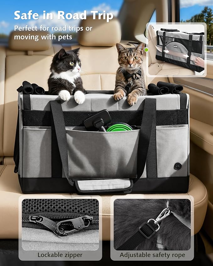 Pecute Dual Compartment Pet Carrier for Multi-Cat Families & Small Dog Owners, Collapsible Dog Crate with Reinforced Steel Frame, Car Safety Design for Travel, Vet Visits & Home Use, Gray