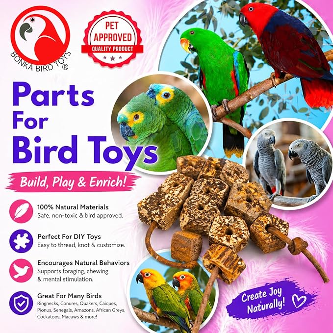 Bonka Bird Toys 3893 Natural Mahogany Sliced Pods Chew Toys, Pack of 12, Durable Bird-Safe Foot Toys, Pre-Drilled for Parrots, Cockatiels, and Small to Medium-Sized Birds, Cage Accessories