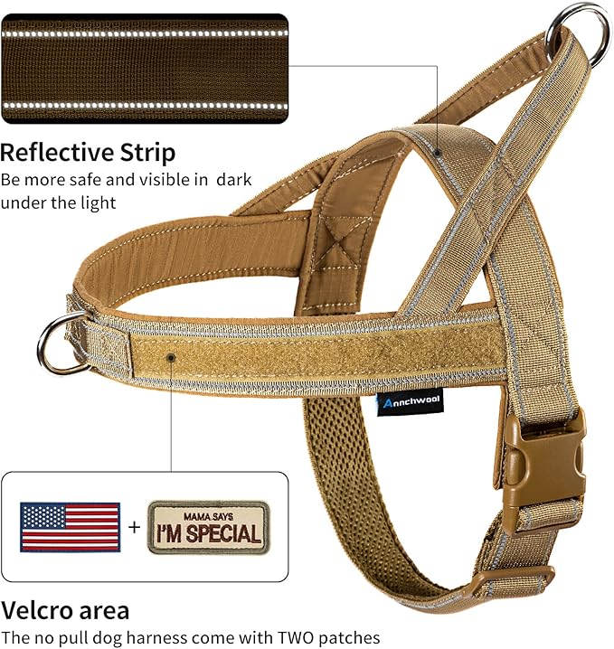 Annchwool No Pull Dog Harness with Padded Handle+5 Ft Leash,Reflective Strip Escape Proof and Quick Fit to Adjust Dog Harness,Easy for Training Walking for Small & Medium and Large Dogs(Brown-Set,L)