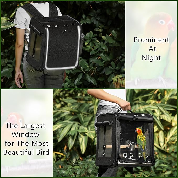 Bird Carrier with Seat Belt for Car Travel, Bird Backpack Carrier with Indestructible Stainless Steel Mesh, Large Bird Carrier Travel Cage, Black