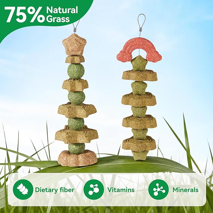 2 Pack Rabbit Chew Toys Bunny Treats, Prevent Teeth Overgrowth, Chew Toys for Guinea Pig/Hamster, Made with Timothy Hay & Vegetables for Rodent Pets, Small Animal Toys