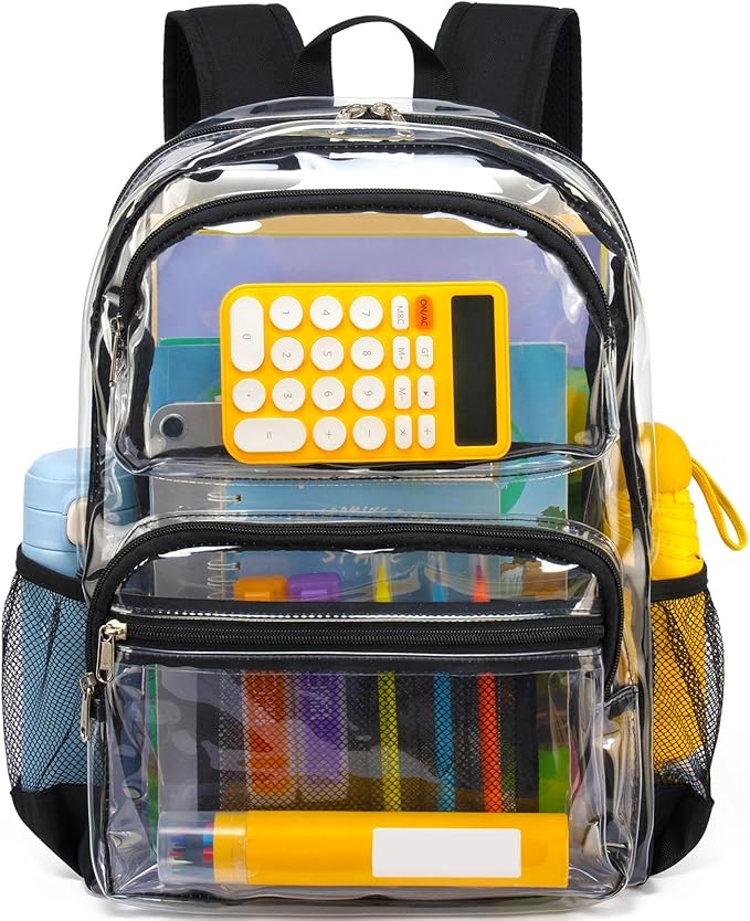 Vorspack Clear Backpack for School - Heavy Duty See Through Bookbag for Girls Boys Extra Large Transparent Backpacks for Work, Travel - Black