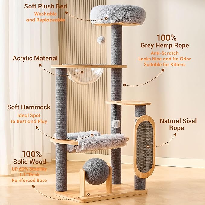 HITTITE Solid Wood Cat Tree Tower with Scratching Post, 53 Inches Tall Cat Towers with Scratching Board and Scratcher Ball, Modern Cat Tower with Space Capsule and Removable Top Bed for Indoor Cats