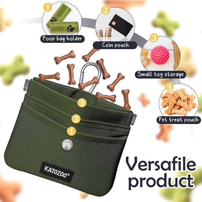 Dog Treat Pouch – Dog Training Pouch with Waterproof Oxford Fabric, Hands-Free Design, Carabiner Clip, Front Pocket, Self-Closing for Outdoor Walks & Puppy Training (Green)