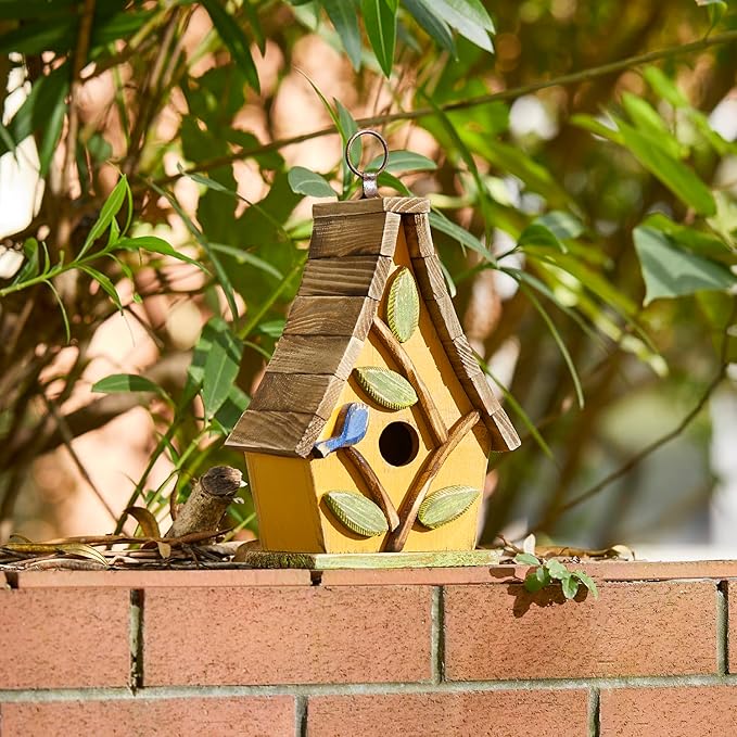 Glitzhome Bird Houses for Outdoors, Solid Wood Bluebird Houses for Outside, 9.5" H Garden Decorative Hanging Birdhouse with Natural Wood Pallet Roof for Finch Swallow Wren Chickadee,Washed Yellow
