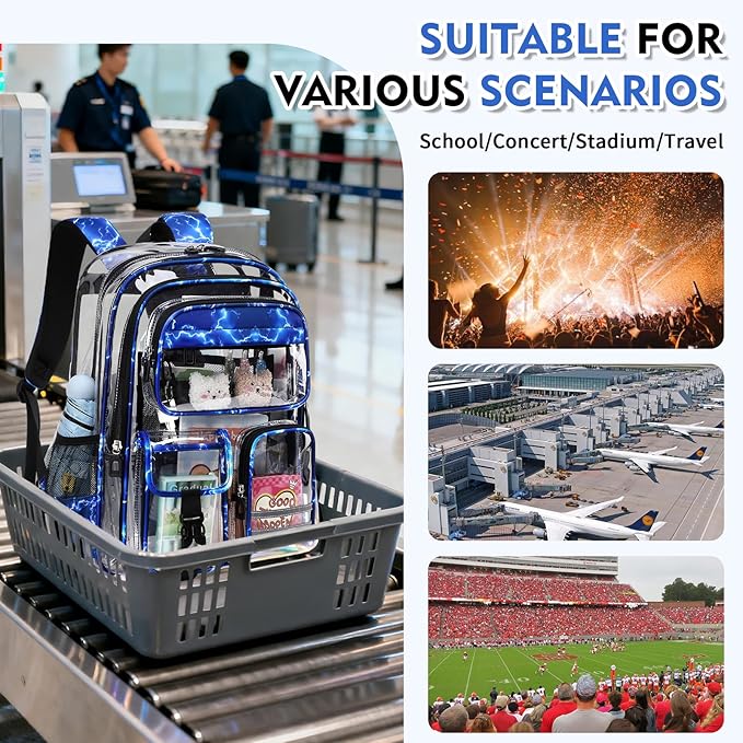 Clear Backpack for School,Transparent Backpack Stadium Events,Heavy Duty Clear Bookbag for Girls,Boys,Work,Sport Blue Lightning