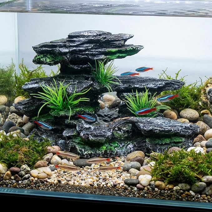 Aquarium Decor Mountain View Stone Ornament, Premium Landscape Fish Tank Decorations, Fish Tank Accessories, Ideal for Betta, Snails, Turtle, Hiding, Playing, Basking and Resting Spots