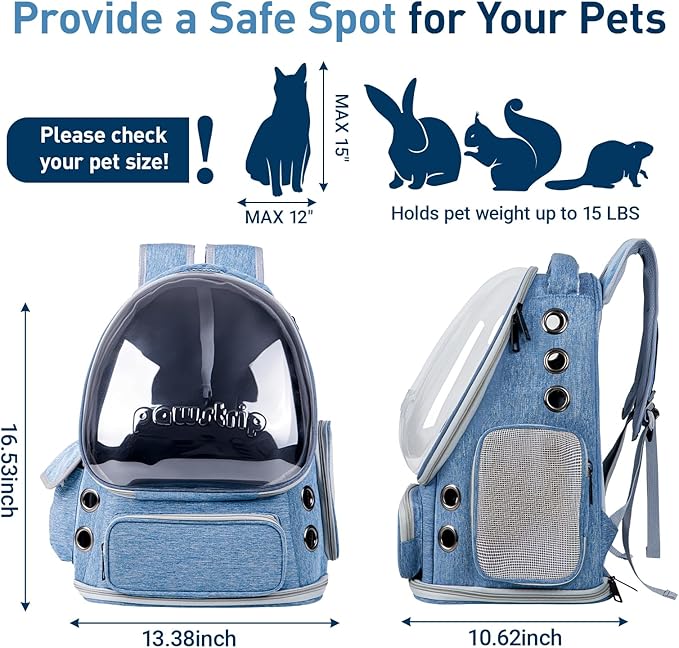 Pawstrip Cat Backpack Carrier with Large Space Bubble Window, Airline Approved Breathable Pet Carrier for Small Dogs Cats up to 15lbs, Foldable for Travel Hiking & Outdoor Use