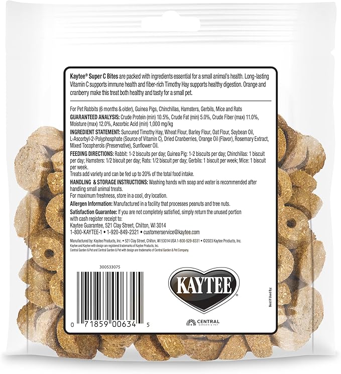 Kaytee Super C Bites Treat For Pet Guinea Pigs, Adult Rabbits, Chinchillas, and Other Small Animals, Cranberry and Orange, 4 oz