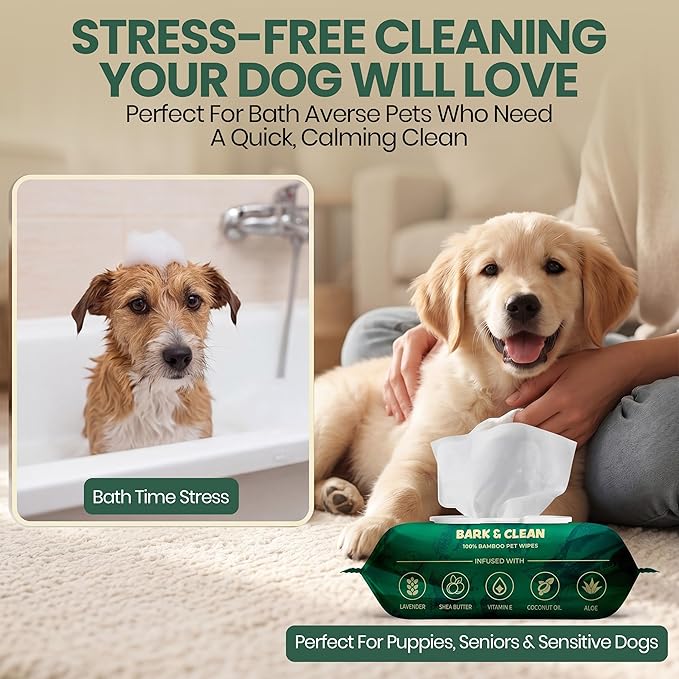Bark & Clean Dog Wipes for Cleaning and Deodorizing - 2 Pack of 110 8.5" x 9" Bamboo Pet Wipes - Compostable, Hypoallergenic Puppy Wipes - Dog Wipes for Paws, Butt, and Body