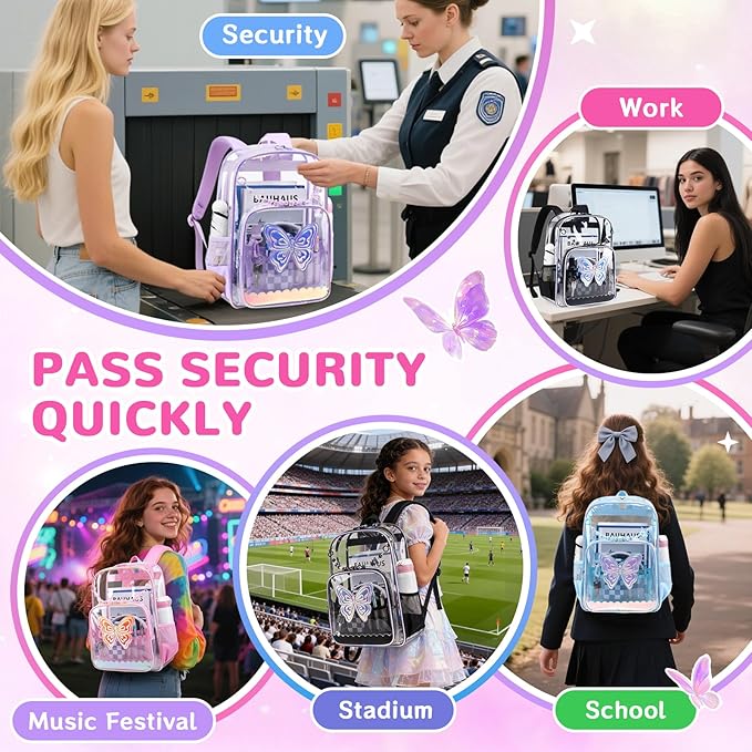 MUSEVOS Clear Backpack, Clear Bookbag for School PVC Heavy Duty Transparent Backpack for Girls, Pink Butterfly
