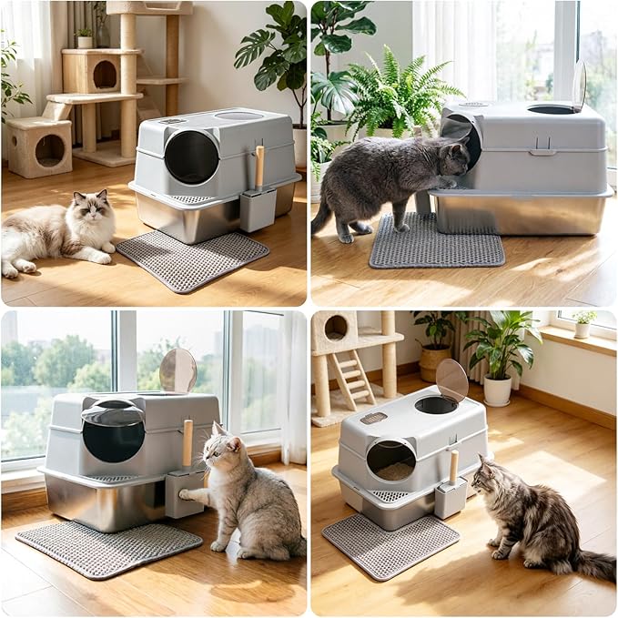 Stainless Steel Litter Box with Lid, Extra Large Enclosed Cat Litter Box for Big Cats, Metal Cat Box with High Sided Enclosure & Scoop, Front & Top Entry, Odor Free, Anti-Leakage, Grey
