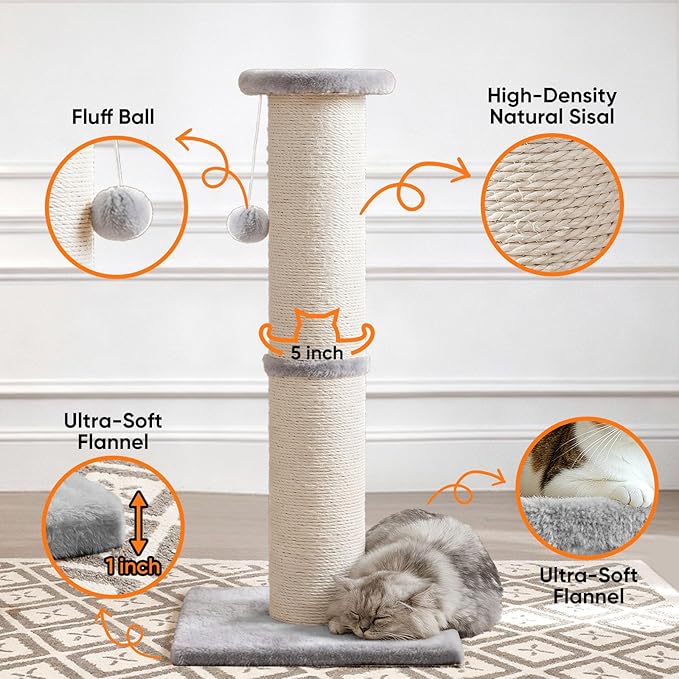 PAWSCRAT Cat Scratching Post 32" Tall, Large Diameter Natural Sisal Cat Scratch Post with Dangling Ball for Indoor Cats, Scratch-Resistant Durable and Protect Your Furniture, LightGrey