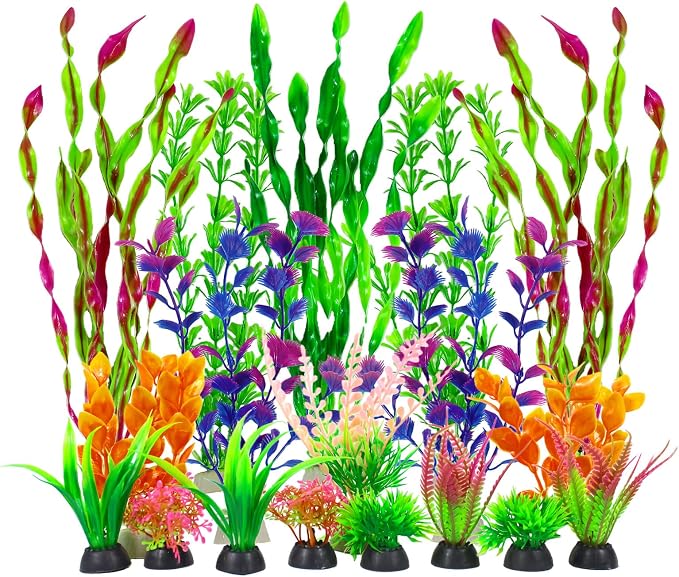 Artificial Aquarium Plants Set, Plastic Fish Tank Decorations, Fish Tank Decor for Betta Goldfish (18pcs-Colorful)