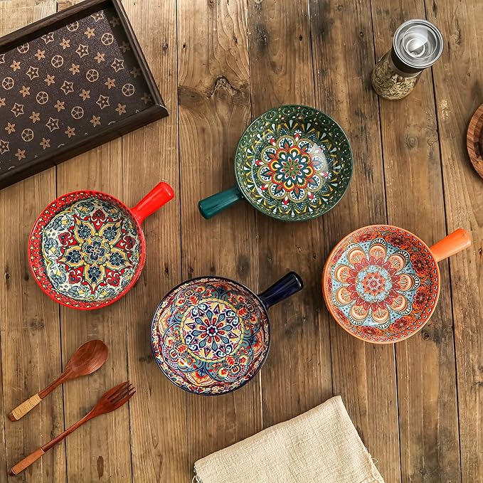 9 In Soup Bowl with Handle Orang, 23 Oz Soup Bowls Spaghetti Bowl, Bohemian Ceramic Soup Crocks for Cereal, Pasta, Noodle, Rice, Beef Stew, Chilli, Oven Microwave Dishwasher Safe Gift