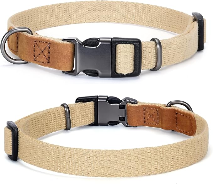 Mile High Life Genuine Leather Dog Collar, Soft Cotton Pet Collars with Heavy Metal Buckle for Small Large Dogs (Khaki, L Neck 17"-21")