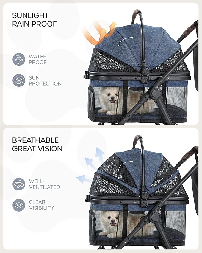 3 in 1 Pet Carrier Stroller with Detachable Carrier, Foldable Dog & Cat Stroller for Small/Medium Dogs up to 33 lbs, Large Storage Bag, Full Window Mesh, One-Touch Dual Brake, Car Seat