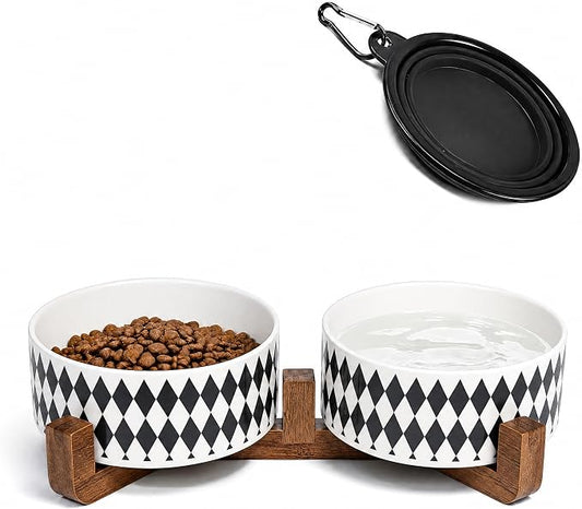Petygooing Ceramic Dog Cat Bowl Set with Stand, Pet Food and Water Dishes,Small Dog Bowls Anti-Slip Set of 2 Cat Bowls-Pet Food Bowl- Pet Dish Small Medium Size Pet (28OZ/6.1 in) Black Rhombus