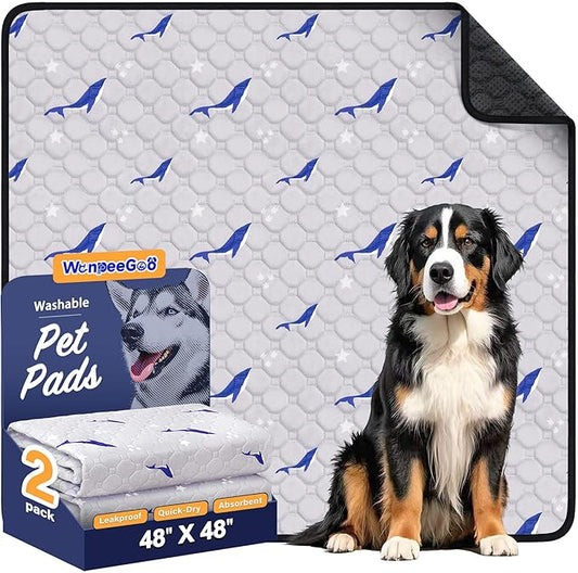 WanpeeGoo Washable Pee Pads for Dogs, 2Pack Reusable Puppy Pads, Super Absorbent & Leakproof Dog Pads, Anti-Slip Dog Pee Pads for Puppy Training & Incontinence, Dolphin Pattern 48"x48"
