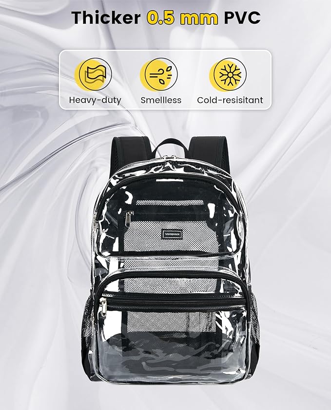Vorspack Clear Backpack for School - Heavy Duty See Through Bookbag for Girls Boys Large Transparent Backpacks for Work, Travel - Black