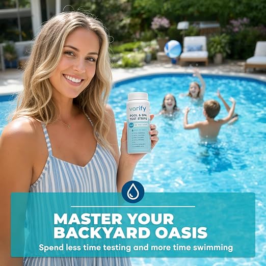 7 in 1 Pool Test Strips (150 Strips) - Easy to Use Water Testing Kit for Pool, Spa, Hot Tub & More - Tester Strip for Water Hardness, Chlorine, Bromine, pH, Alkalinity and Cyanuric Acid