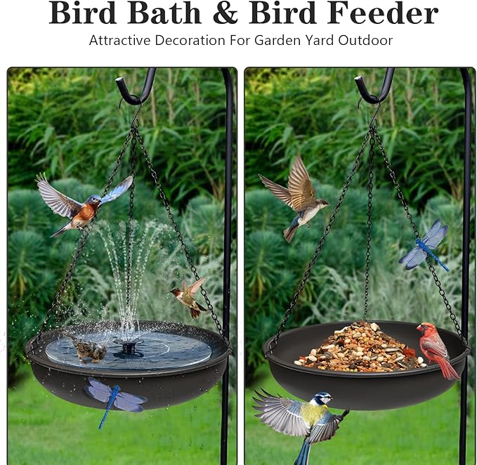 Hanging Bird Bath for Outside,11" Metal Bird Feeder Birdbath Bowl with 13.5" Rust-Proof Black Chains for Garden Backyard Decor with Magnetic Dragonfly Decor Dark Curry