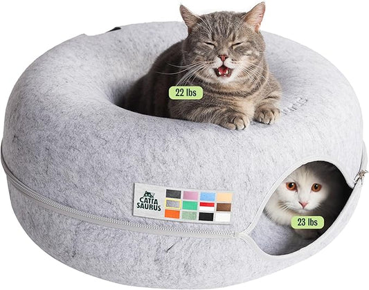 Cattasaurus Peekaboo Cat Cave Donut for Multiple & Large Cats up to 30-45 lbs, 3-in-1 Self Warming Cat Bed, Tunnel & Scratcher for Indoor Cats, Washable & Detachable Small Dog Bed (Light Gray, Large)