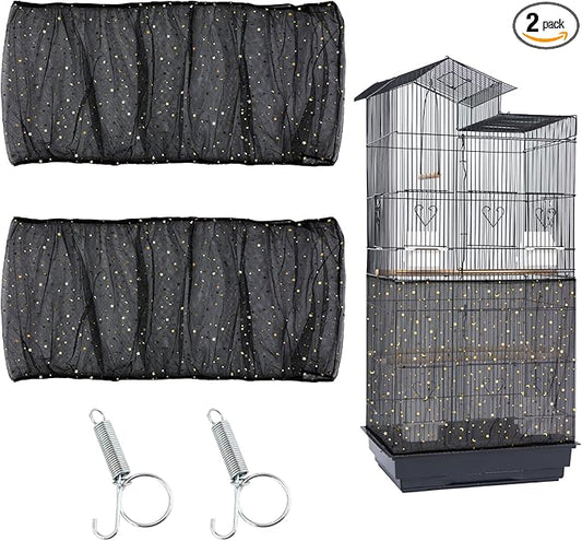 JULMELON 2Pcs Adjustable Bird Cage Seed Catcher(Black) Birdcage Nylon Mesh Cover Twinkle Star Universal Birdcage Cover for Parakeet Round Square Cage with Spring Hook