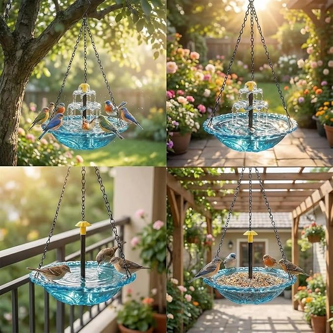 2026 Solar Cascade Hanging Bird Bath Fountain - 3 Layers Outdoor Water Feature for Hummingbirds, Easy-Clean 9.3" Glass Basin with Solar Powered Pump, Attract Wild Birds to Garden, Patio (Orange)