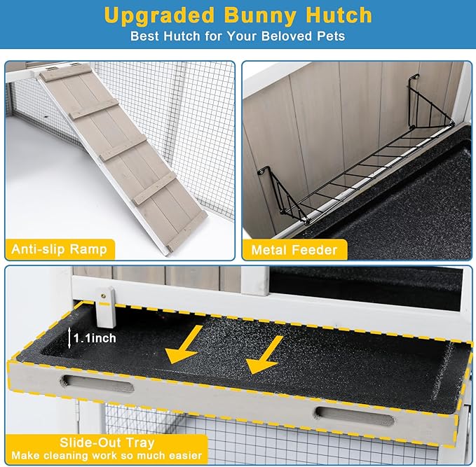 Ketive 48" L Rabbit Hutch Outdoor Indoor Bunny Hutch Weatherproof, 2-Story Wood Rabbit Cage with Deep Tray, Chew-Resistant Ramp, UV Roof, Bunny House for Small Animal, Expandable Guinea Pig Cage