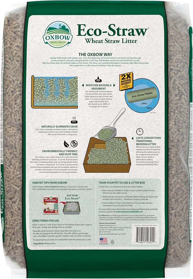Oxbow Eco Straw Wheat Straw Litter for Small Animals, Low Dust, Rabbit, Guinea Pig, Ferret, & Cat Litter, Oxbow, Moisture Wicking Pellets for Guinea Pig, Made in USA, 20 lb. Bag