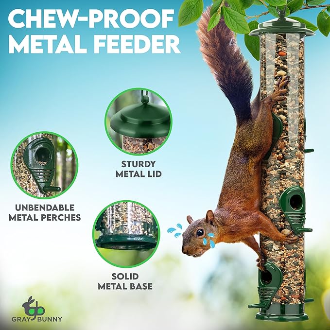 Bird Feeders for Outdoors (Green) Squirrel Proof Hanging Bird Feeder with Locking Lid & Adjustable Hanger, Chew-Proof, Weather Resistant 15 Inches 6 Port