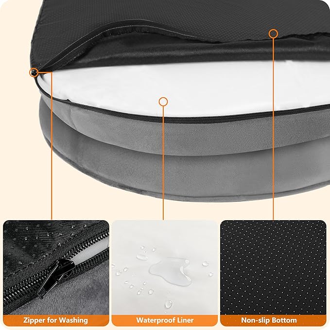 Dwanton Orthopedic Dog Bed for Large Dogs with Gel Memory Foam, Waterproof Dog Sofa, Washable Pet Bed with Four Sided Bolster Cushion, Removable Cover & Non-Slip Bottom, 42", Dark Gray