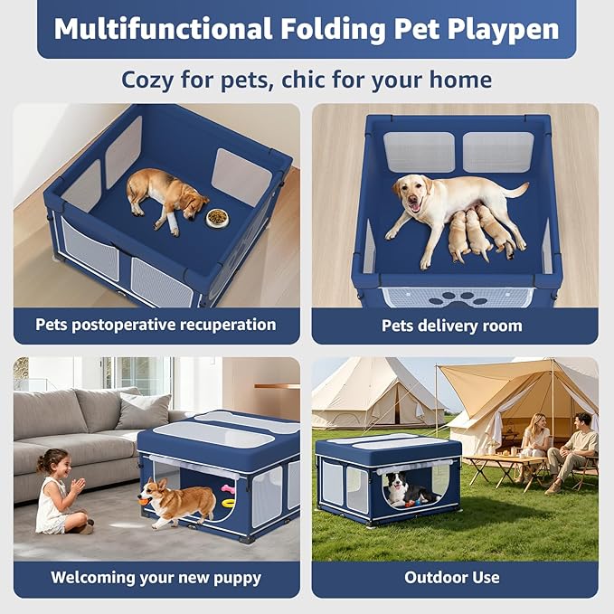 LOOBANI Foldable Dog Playpen with Cover: 1 Min Setup Pet Puppy Playpen Indoor, Sturdy Reinforced Steel/Iron Frame Dog Fence, Portable Whelping Box for Home Dog Cat Rabbit-43.3"x43.3"x27.1"│Patented