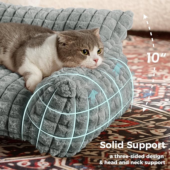 Cute Small & Medium Dog Couch Bed – Supportive & Fluffy Pet Sofa with Faux Rabbit Fur Washable Cover in 3D Diamond Pattern, 36" Grey
