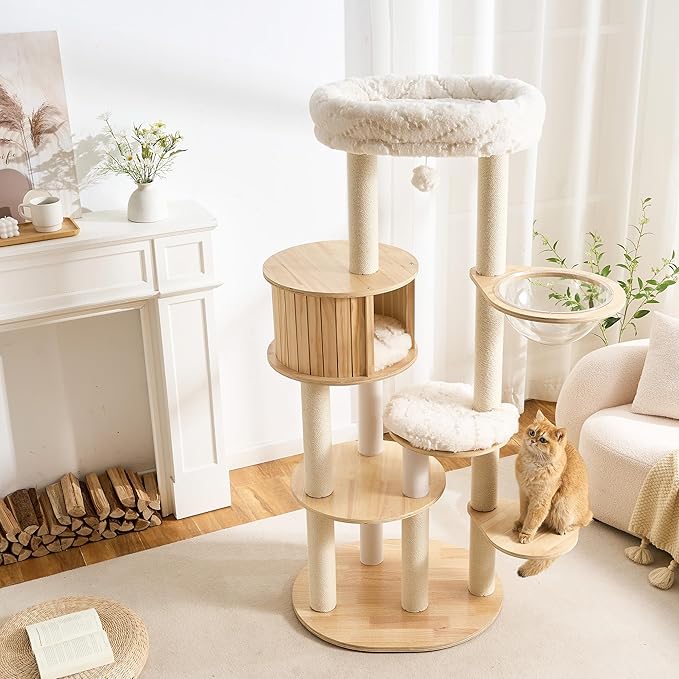 797Audio Wood Modern Cat Tree, 65" Cat Tower with Sisal Scratching Posts, Cat Condo, Capsule and Bed, Solid Wooden Aesthetic Multi-Level Cat Climbing Tree for Large Adult Indoor Maine Coon Cats-White