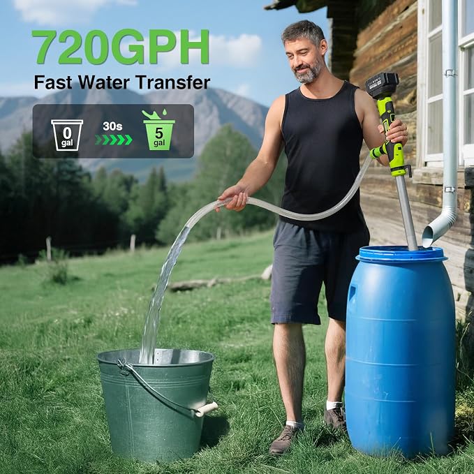 Taskstar Cordless Stick Water Transfer Pump, 2×4.0Ah Rechargeable Batteries | 720GPH High Flow, 32FT Max Lift, Portable Stick Body, Easy for Pool, Garden, Pond, Boat, RV, Rain Barrel Outdoor Draining