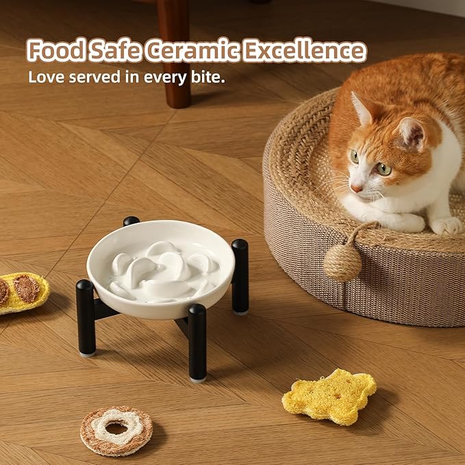 Elevated Slow Feeder Cat Bowl - Ceramic Cat Food Dish with Anti-Slip Stainless Steel Stand - Raised Maze Plate for Slow Eating - Pale Blue